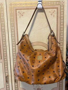 MCM Cognac Visetos Monogram Slouchy Hobo Shoulder Bag